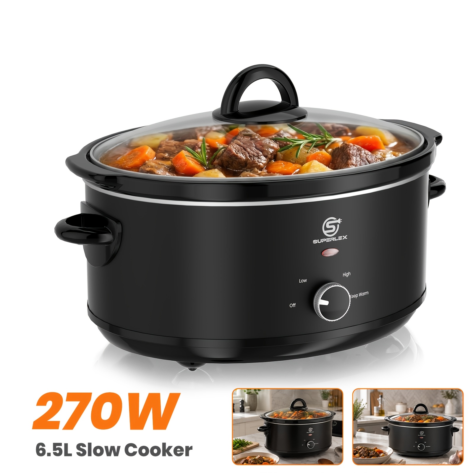Superlex 270w Slow Cooker With 4 Functions, 6.5l Perfect For Family Dinner, Dishwasher Safe Removable Ceramic Pot And Tempered Glass Lid, Multi-functions For Versatile Meals, Handle