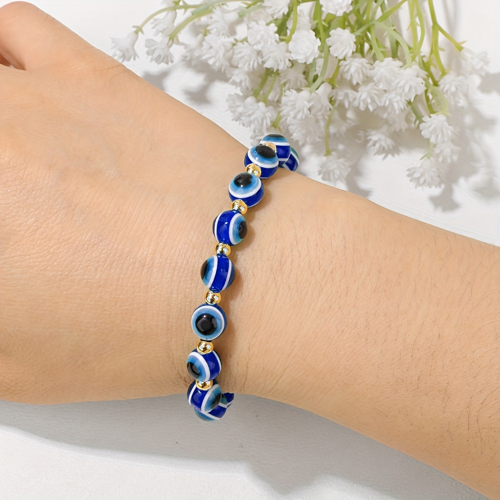 Evil Eye Protection Bracelet, Adjustable Elastic & Golden Beaded Jewelry