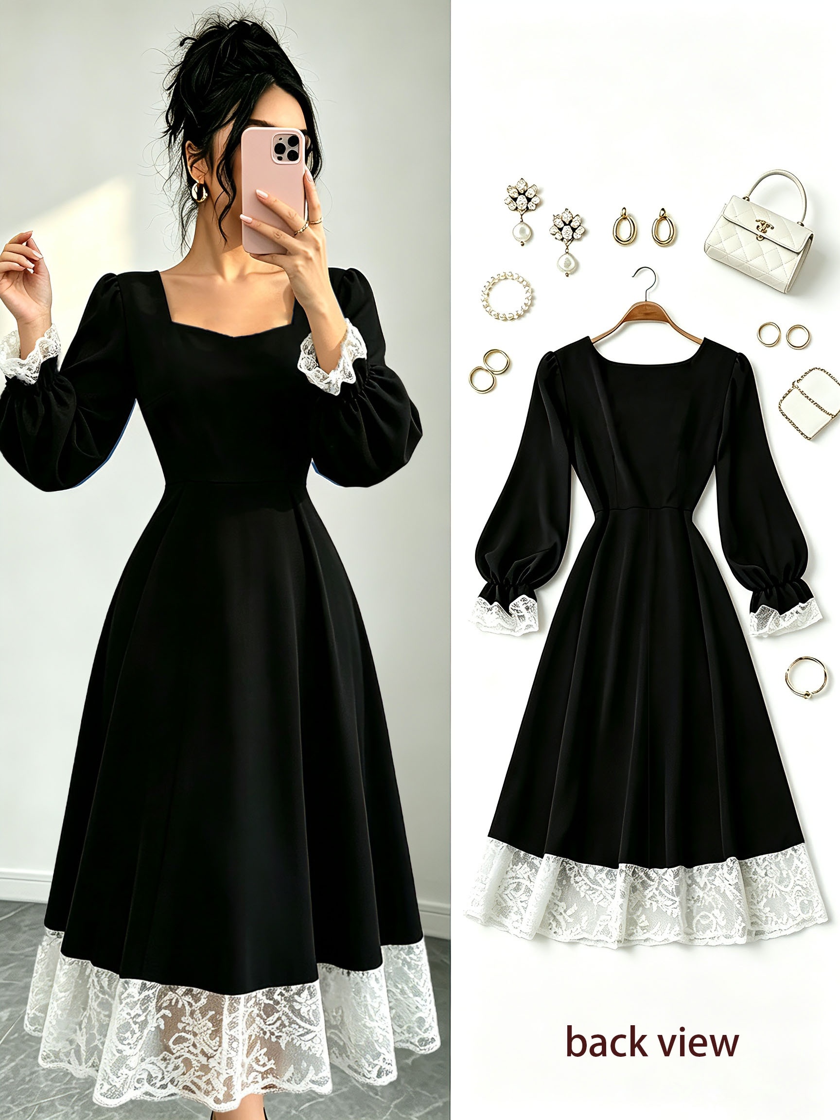 Elegant Black Dress With Lace Cuffs And A Long Skirt, Featuring Long Sleeves