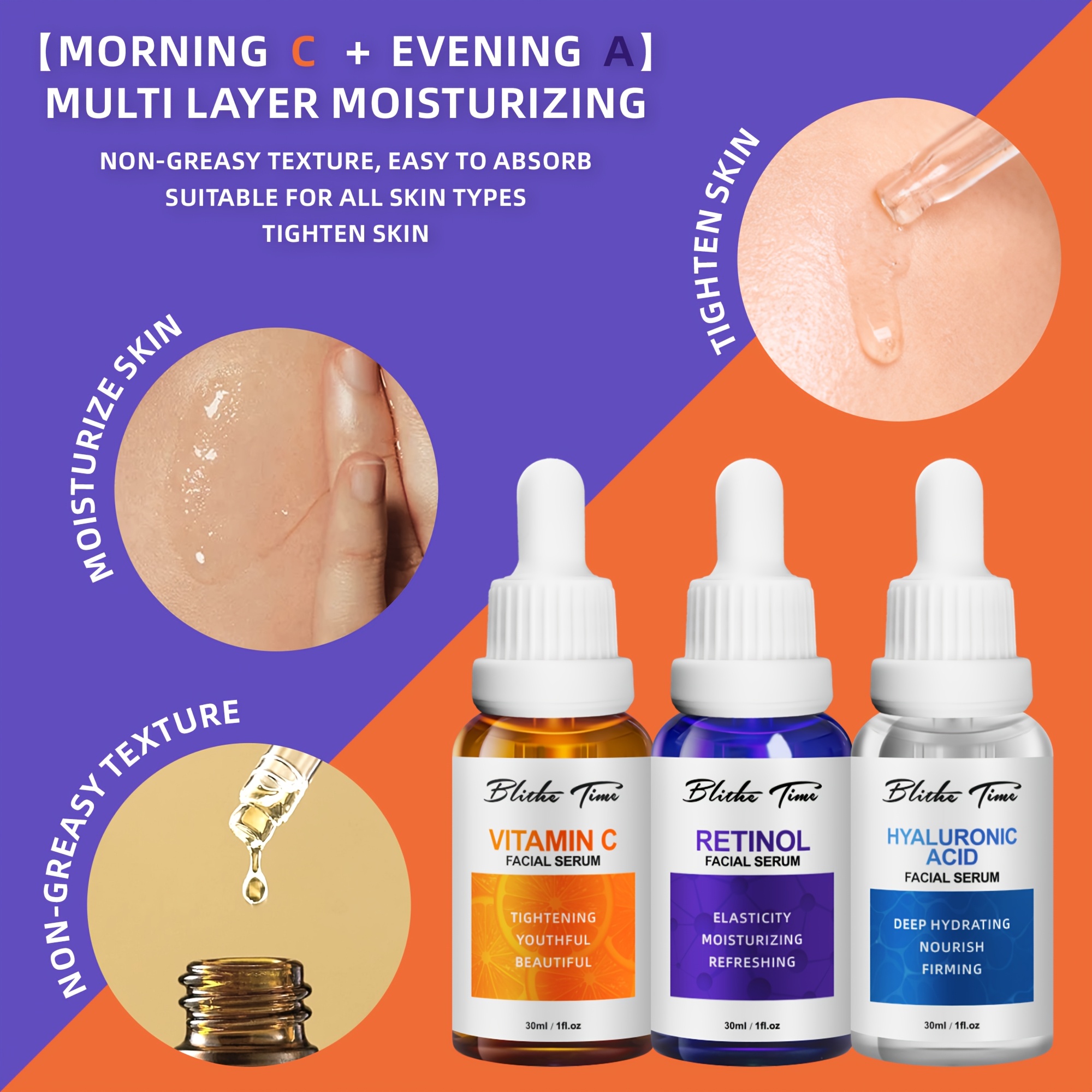 30ml * 3 komada/set Esencija za lice u tri bočice, Intenzivna hidratacija, Set za praznični poklon, Svijetlo bež set za njegu, Esencija za hidrataciju lica, Sadrži hijaluronsku kiselinu, vitamin C, retinol Sefralls