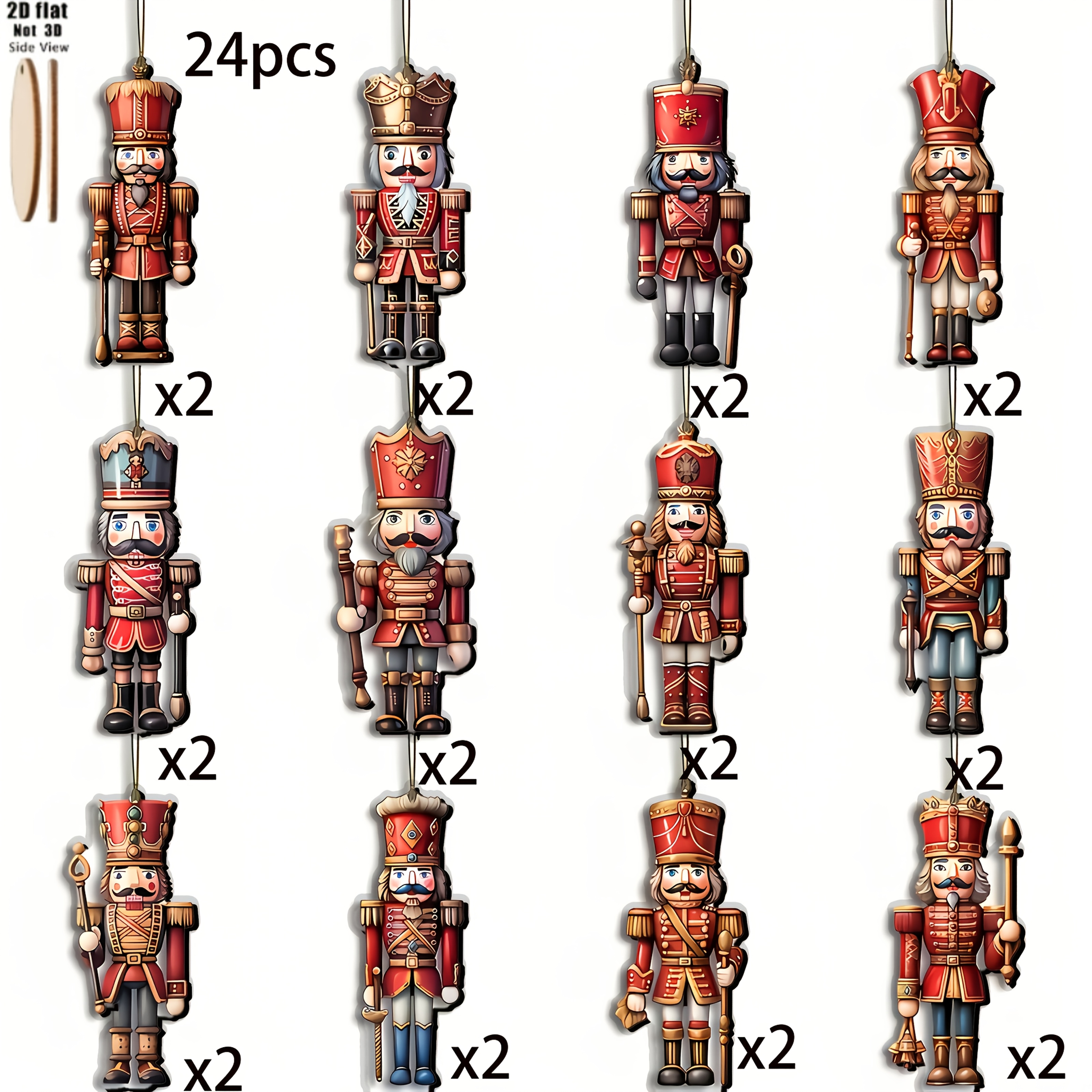 Image of 2d Flat, 24pcs Cute 2d Flat Nutcracker Christmas Decorations, Tree Ornaments, Holiday Atmosphere Decor, Yard And Room Decor, Best Gift For , Festive Decorations, 2d Flat