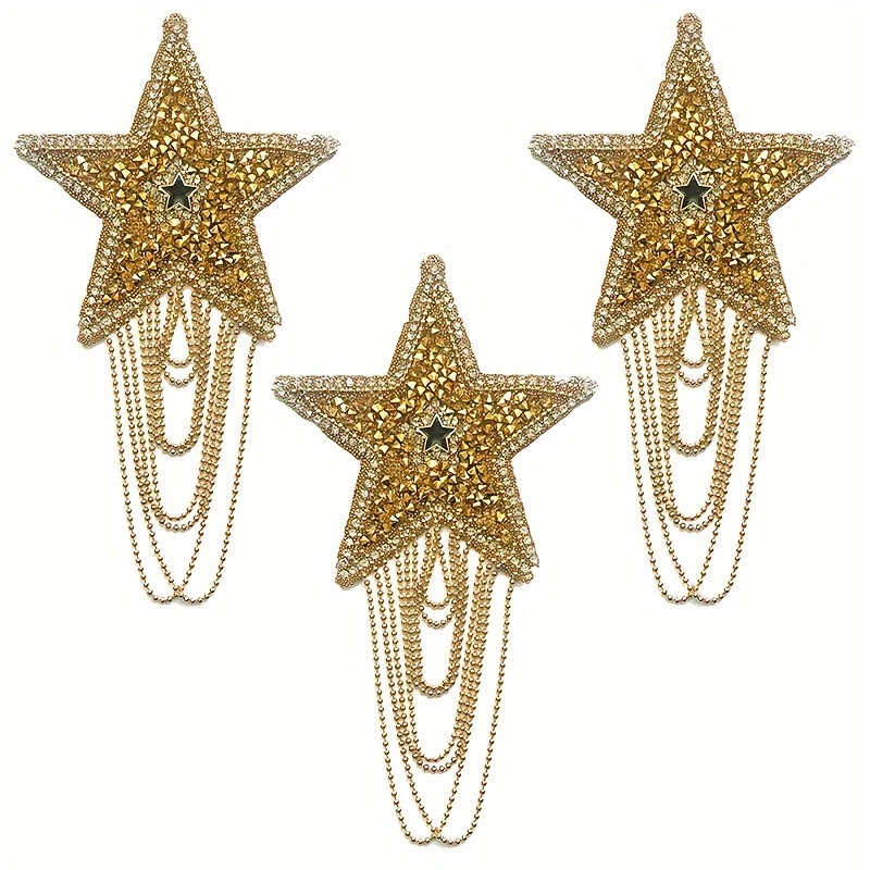 Image of 3pcs New Fashionable Golden Hot Stamping Hanging Chain 5 Pointed Star Hot Stamping Sticker Clothes, Shoes, Hats, Bags Ironing Hot Stamping Sticker