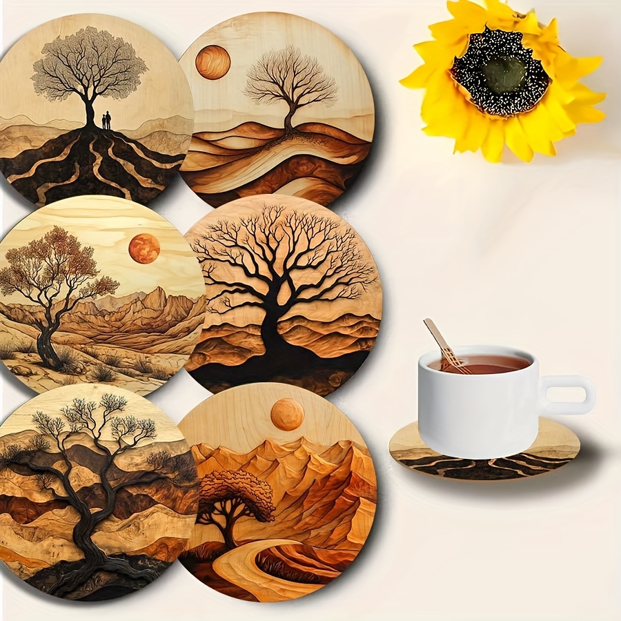 TEMU 6pcs Set Of Artistic Wooden Coasters, Tree , Decorative Drink Mats For Coffee And Tea Cups, Suitable For Home And Restaurant Decor, Gift
