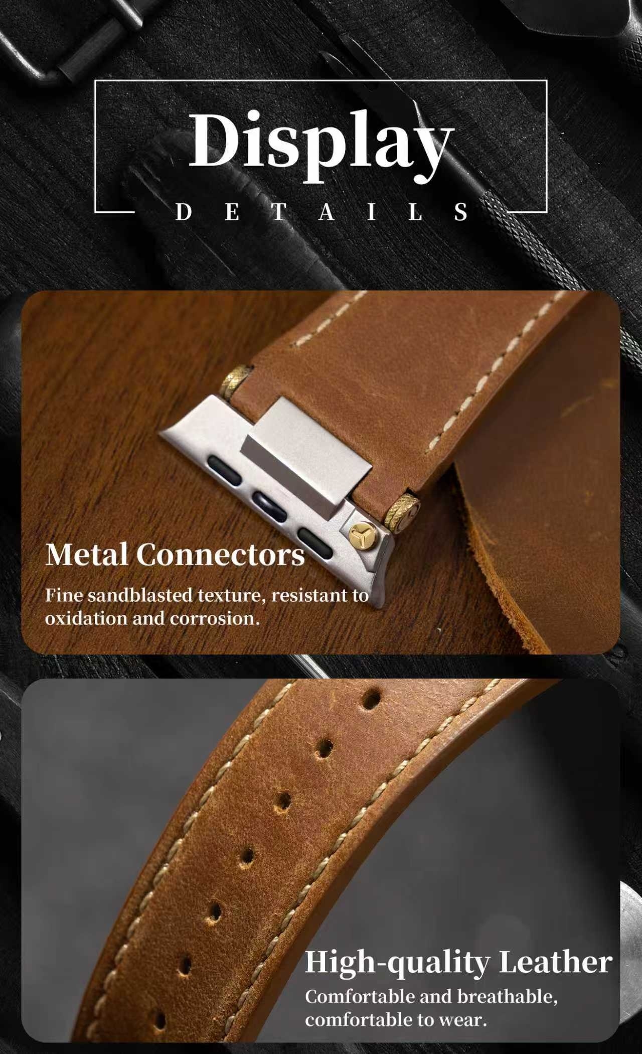 Handmade Wild Horse from Cowhide Is Suitable for iWatch S11/ Ultra3. It Features a Stainless Steel Folding Buckle and a 316L Stainless Steel Connector with Golden Studs.