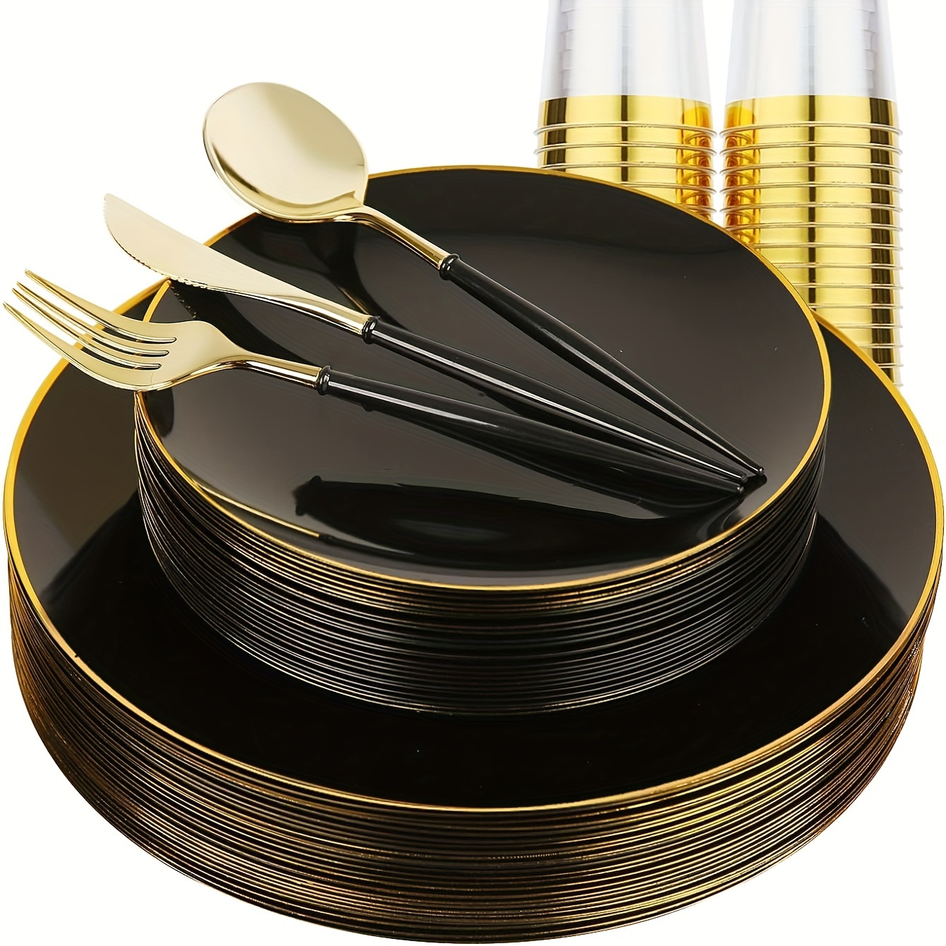 

150pcs Black And Golden Plastic Plates, Golden Plastic Dinnerware Set, Black And Golden Plastic Silverware, Party Plastic Plates Service For 25 Guest, Golden Plastic Cups In 10oz