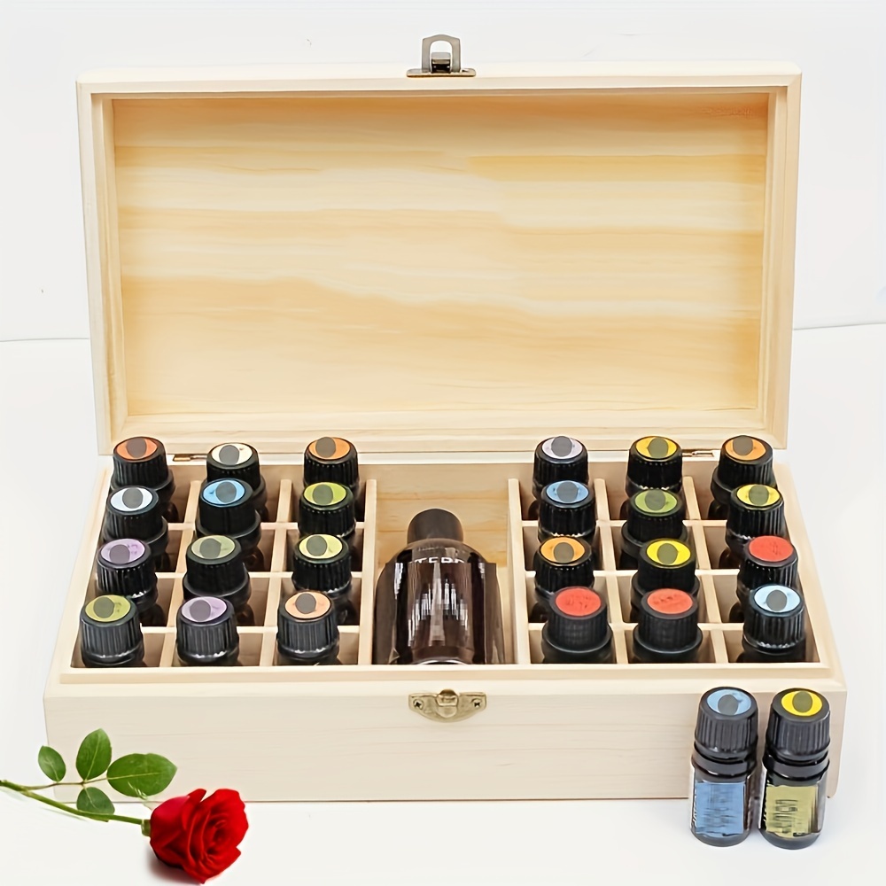 

Organisateur en Bois pour Huiles Essentielles avec 25 Compartiments - Contient 24 Bouteilles (5ml, 10ml, 15ml) + Grand Emplacement pour 118ml, 60ml, 1-4oz Ounce - Boîte de Rangement Portable et Parfum