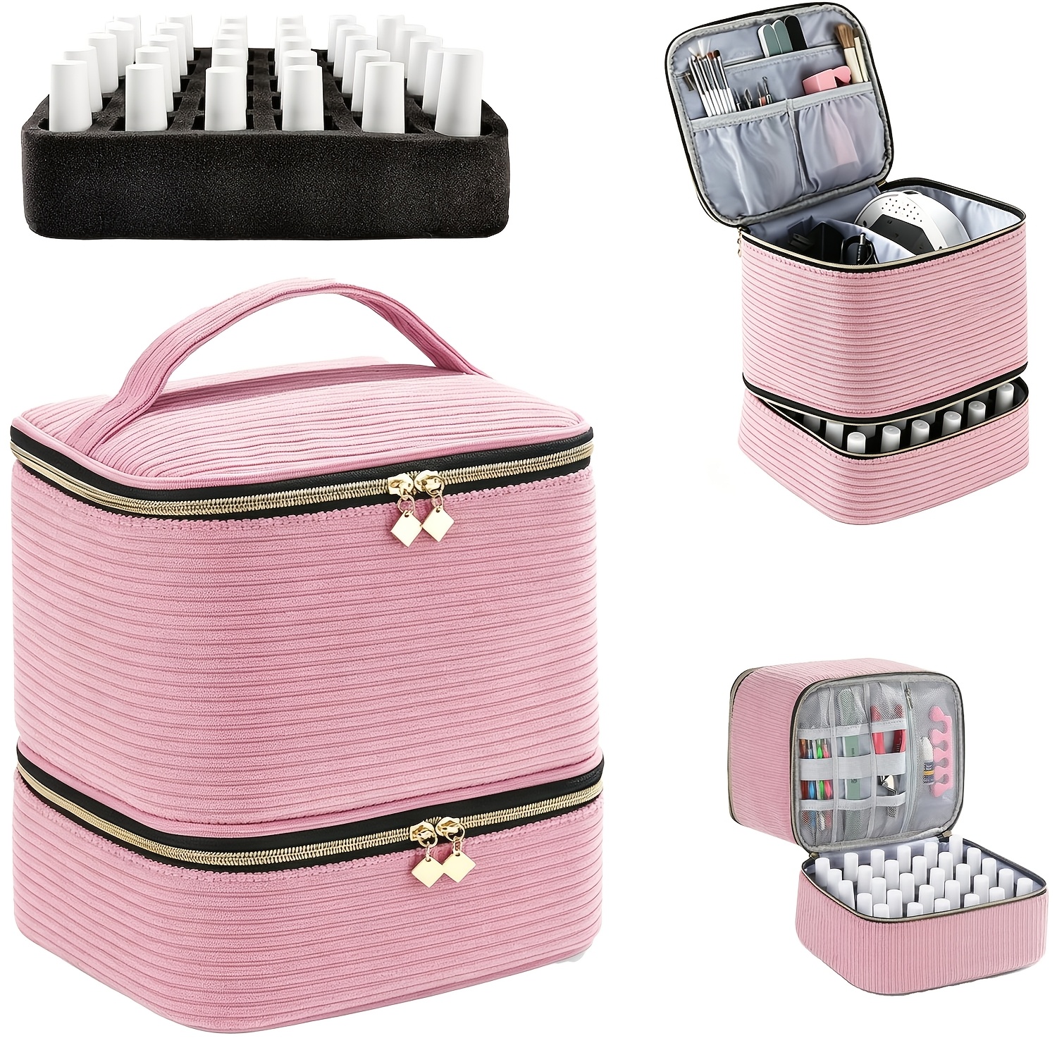TEMU Corduroy Nail Polish Organizer Case, Nail Kit Organizer Holds 30 Bottles (15ml - 0.5 Fl.oz), Nail Polish Carrying Case With Manicure Tools