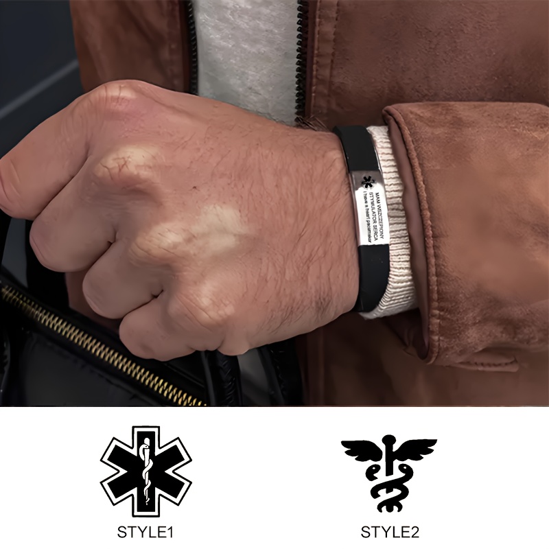 TEMU Personalized Men's 304 304 304 304 Stainless Steel Bracelet - Engraved Emergency Id Bracelet With Medical Symbol For Men And Women - Customized