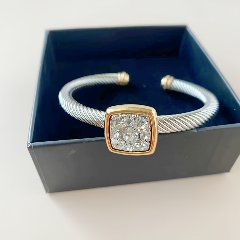 TEMU 1pc Square Inlaid Synthetic Zirconia Heavy Craft Open Bangle, Adjustable Size Suitable For Men And Women, Fashionable Valentine's Day Gift