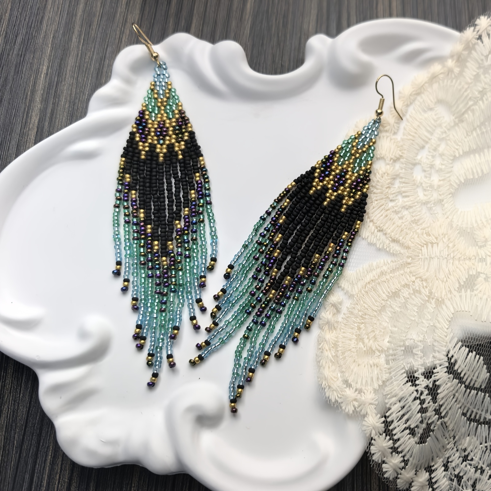 TEMU Handmade Bohemian Tassel Earrings, Vintage Geometric Fringe With Black And Turquoise Beads, Golden Accents, Silvery Hooks, Women's Fashion