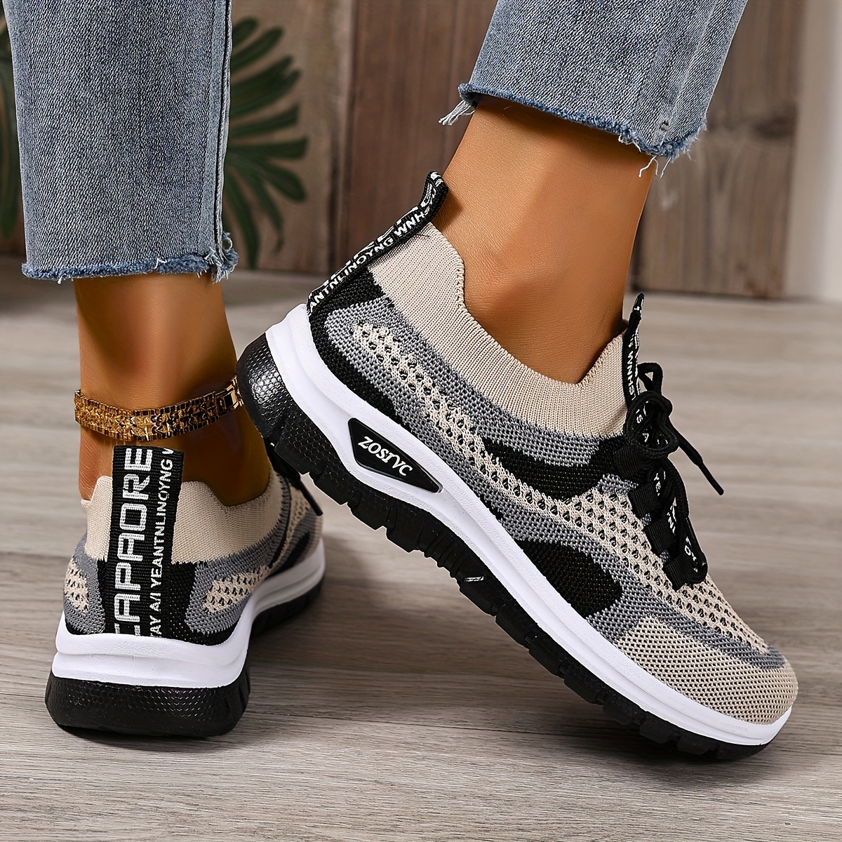 Tenis blancos ligeros y transpirables para mujer, cómodos, casuales, de caña baja con cordones, diseño de bloques de color, suela de goma flexible, ideales para viajes al aire libre y uso diario, para todas las estaciones