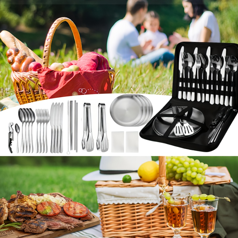 27pcs portable durable outdoor picnic tool set stainless steel high quality tableware with dinner knife forks plates soup spoon coffee spoon chopsticks tablecloth straw set bottle opener cleaning cloth clips and storage bag reusable dishwasher safe suitable for outdoor travel hiking backpacking picnic camping party   etc Product details 5