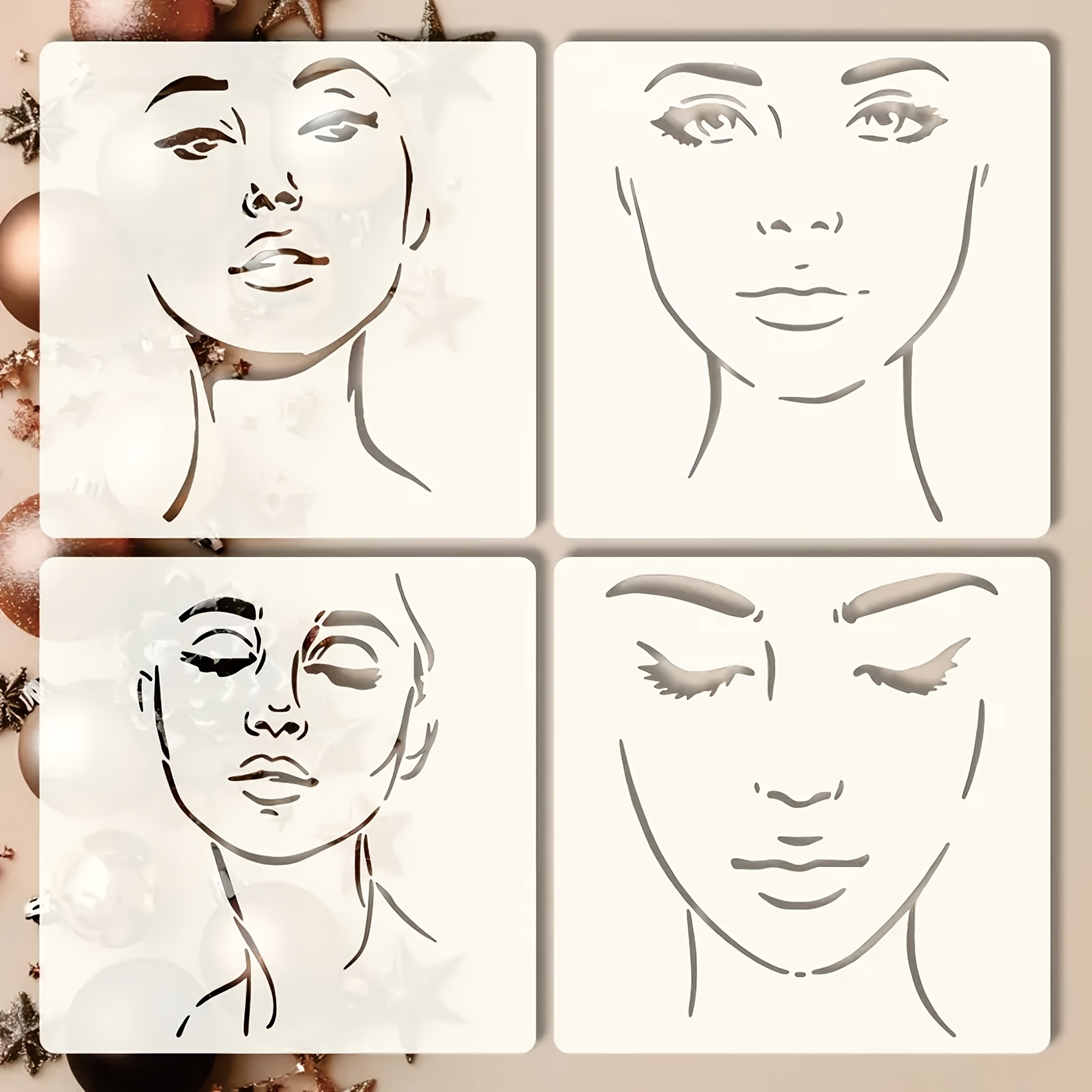 Image of A Set Of 4 Reusable Abstract Female Face Stencils, Each Measuring 6x6 Inches, Designed For Painting On Canvas, Wood, Walls, Fabrics, And Furniture