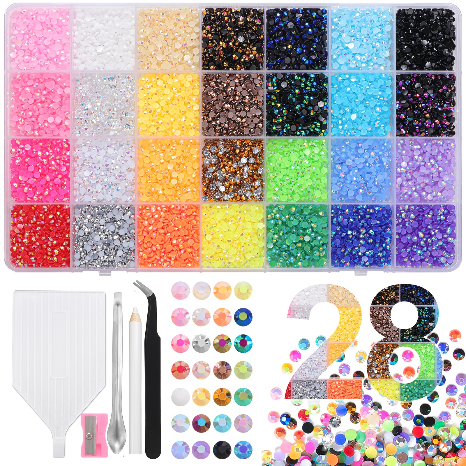 TEMU 28-color Suitable For Diy Crafts Rhinestone Set With Tool & 28 Color-coded Flat-back Resin Gems - 3/4mm Colored Rhinestones For Clothing,