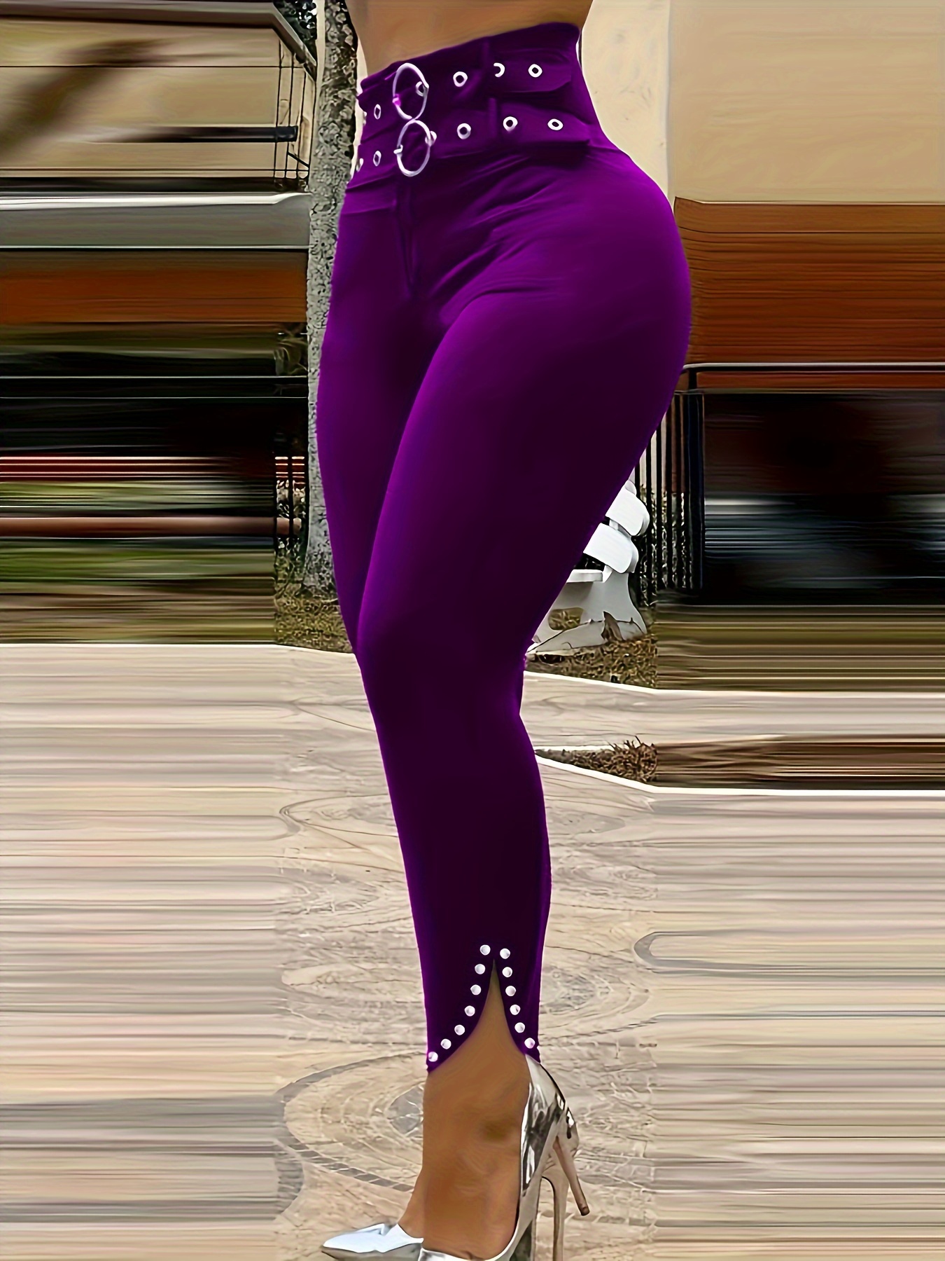 Chic Green High-Waist Skinny Pants with Elegant Button & Grommet Detail - Versatile, Stretchy Polyester, Machine Washable - Perfect for All Seasons