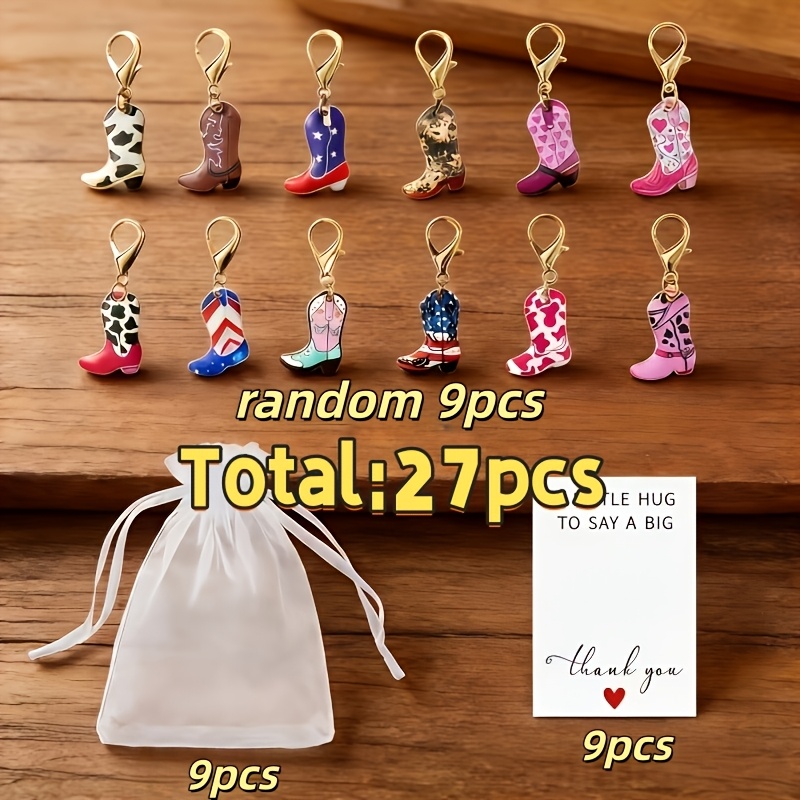 TEMU 27pcs Western Cowboy Themed Boot Keychain Set, Includes 9 Random Style Keychains/9 Cards/9 Mesh Bags – Diy Bag, Backpack, Car Keychain