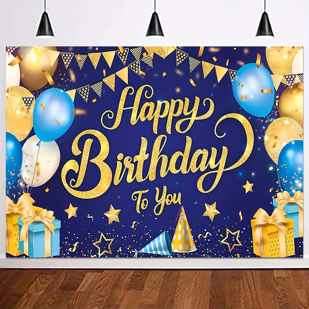 

Men's Happy Birthday Banner - Blue & Golden, Polyester, No Power Needed - Perfect For Parties & Events, Available In 5x3ft, 7x5ft, 8x6ft Sizes