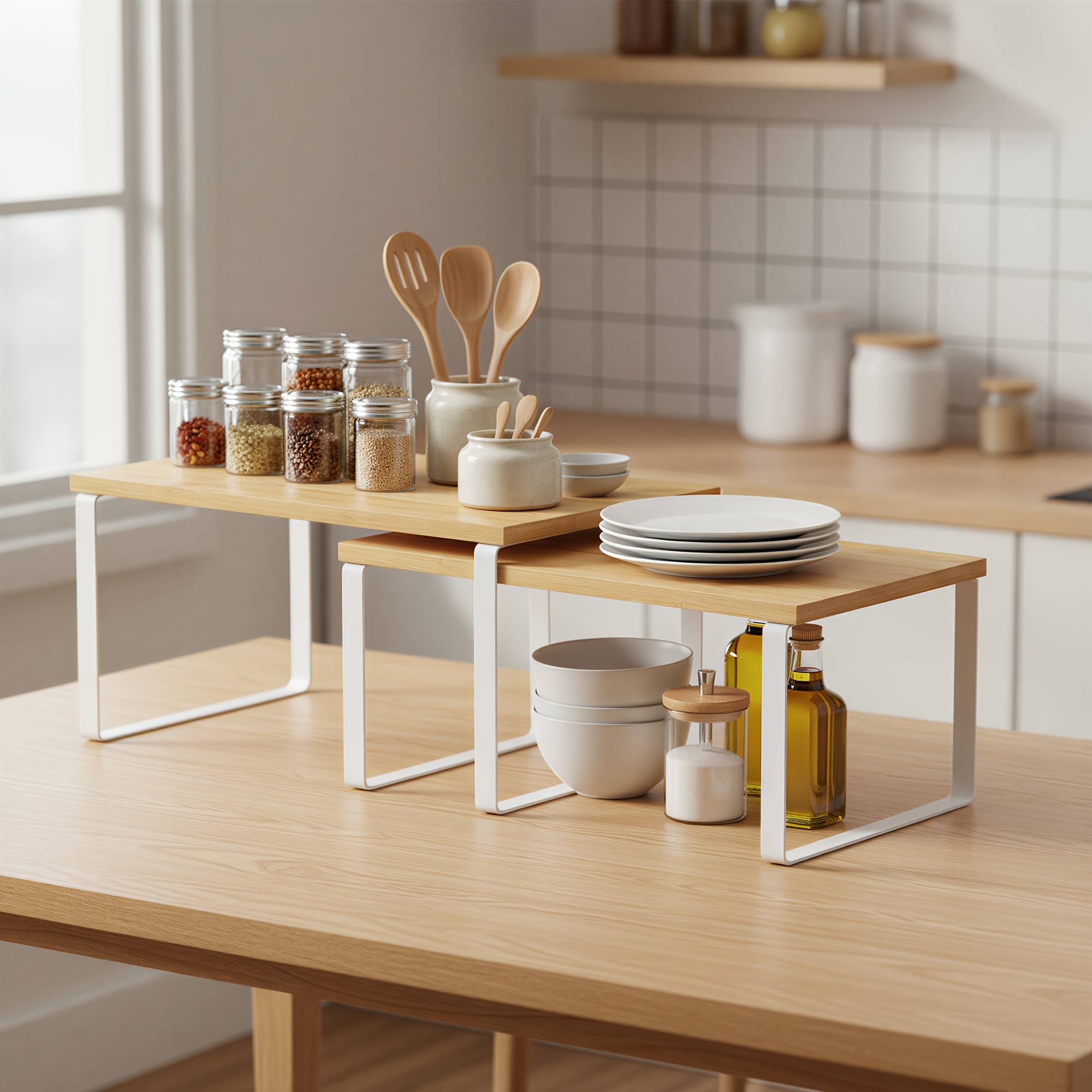 TEMU Kitchen Shelf Organizer, Stackable Metal And Wood Spice Rack, Set Of 2 Counter Storage Shelves For Cabinet, Pantry, Countertop, Bathroom Or