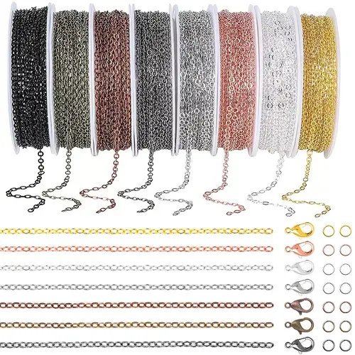 of different colors of flat pressed cross chain chain semi finished products including lobster clasp and other accessories making materials
