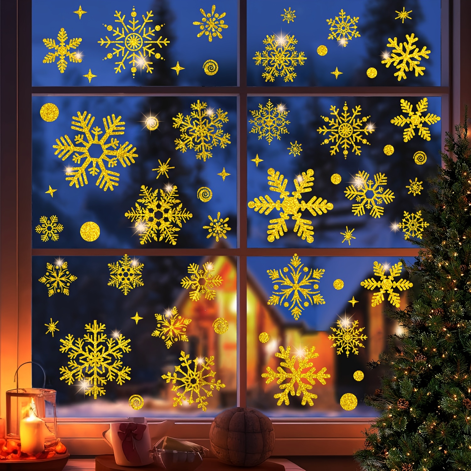 Image of 2 Sheets (59pcs) Christmas Golden And Silvery Window Snowflake Stickers - Self-adhesive Decorations, Reusable Plastic Holiday Ornaments For Glass Windows With No Residue