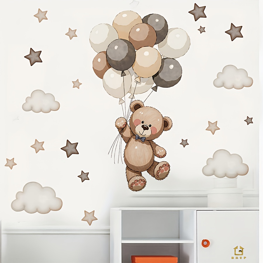 Brup Creative Cute Cloud Wall Stickers - Self-adhesive Pvc Decals For Bedroom & Living Room Decor, Whimsical Animal Print With Balloons & Stars, & Stick Home Decoration, Bear Decor