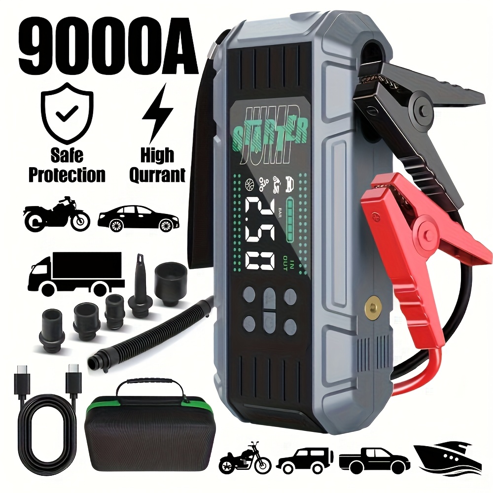 TEMU 9000a Jump Starter For All Gas & 12l Engines, Professional Heavy-duty Car Battery Booster, 12v Portable Power Pack With Smart Clamps, Qc3.0 Fast