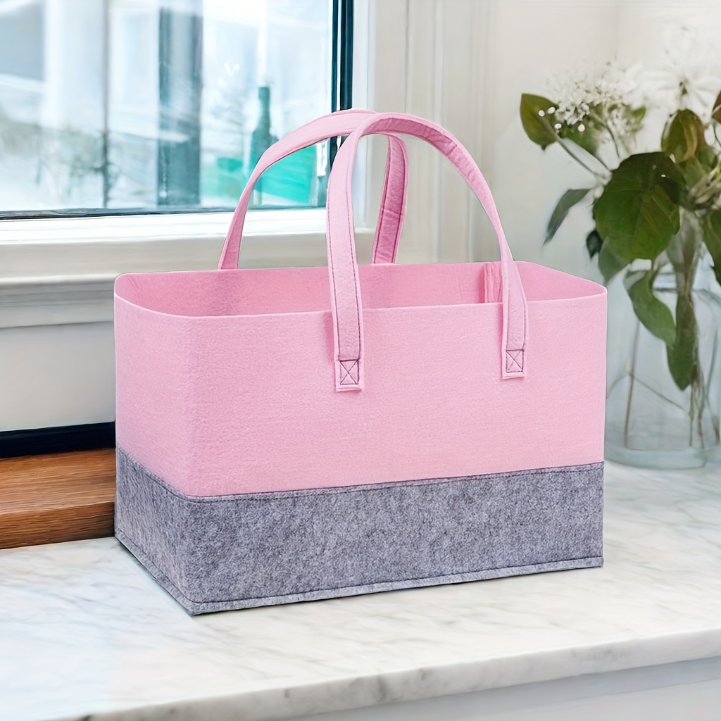 TEMU 1pc Large Capacity Felt Tote Bag - Fashionable Foldable Shopping Bag, Portable Car Storage Basket, Vibrant Color-, Comfortable Handle, Suitable