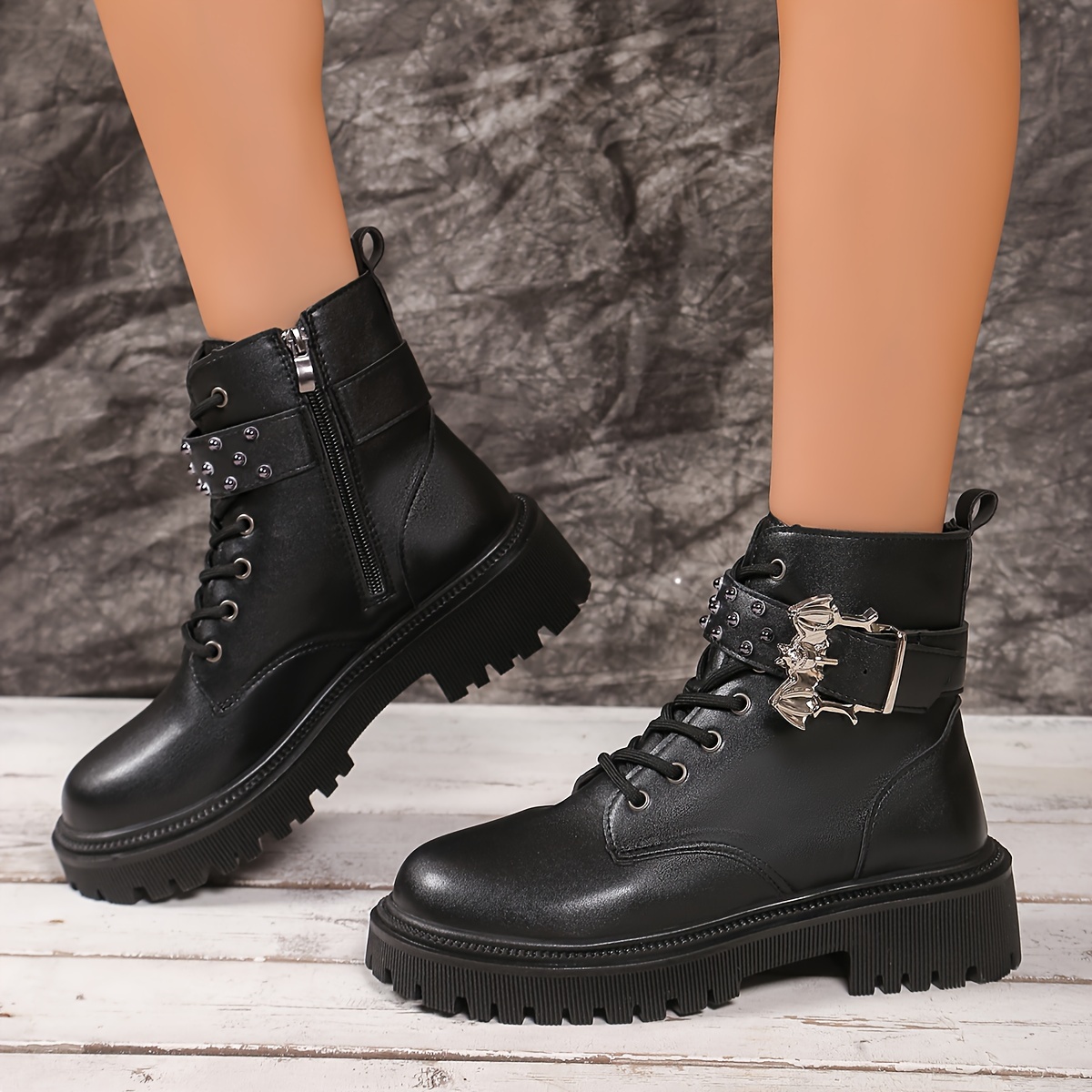 

Chic Bottines Noires pour Femmes avec Semelle Épaisse - Fermeture Éclair Latérale , Bout Rond, Fausse Couverture