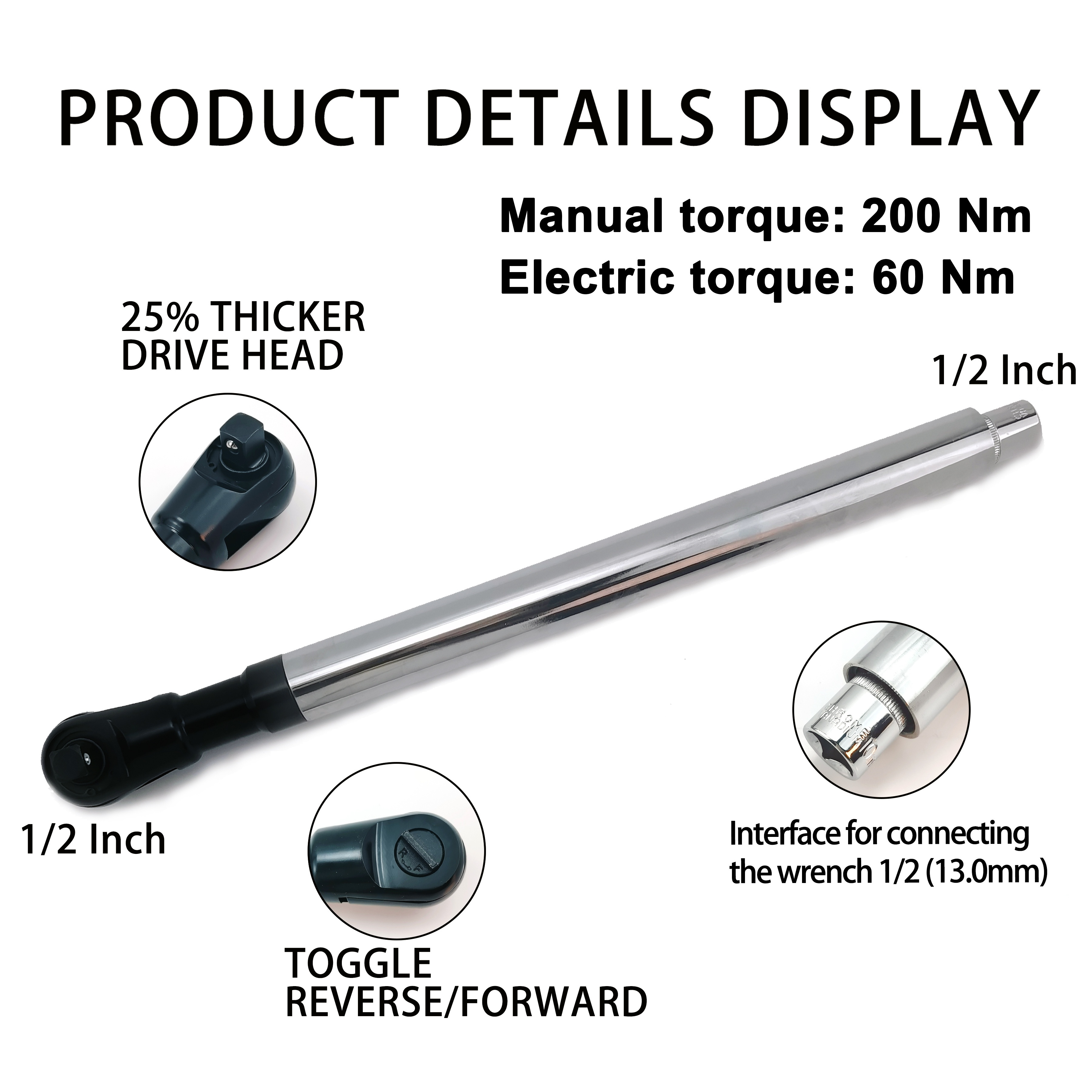 TEMU 1pc 1/2-inch Drive Manual-automatic Extension Ratchet Wrench. Manual Torque 200 Nm, Electric Torque 60 Nm. Durable Material. Suitable For