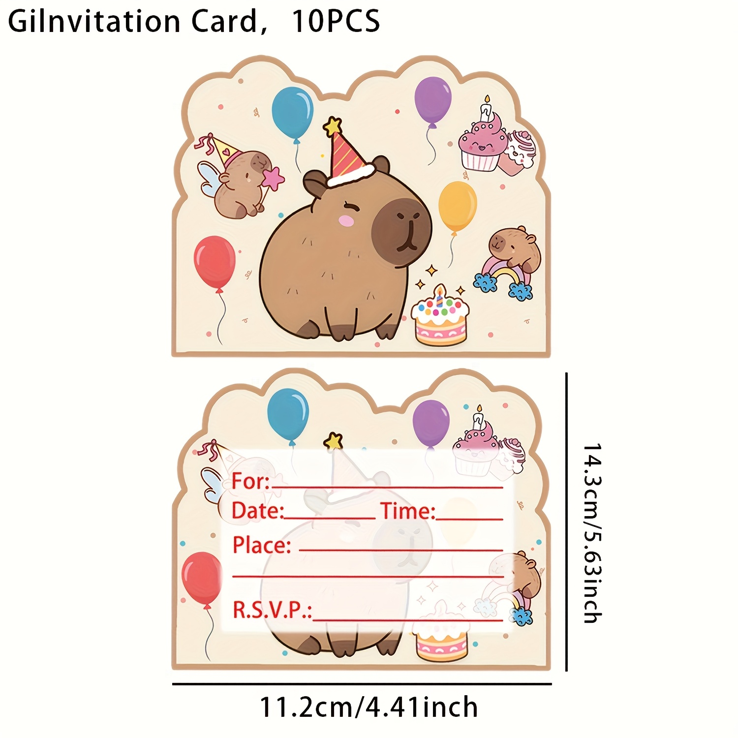 TEMU 10pcs Capybara Birthday Party Invitations - Cute Animal Theme Decorations With Colorful Designs, Paper Material, No Power Needed For Fall/winter