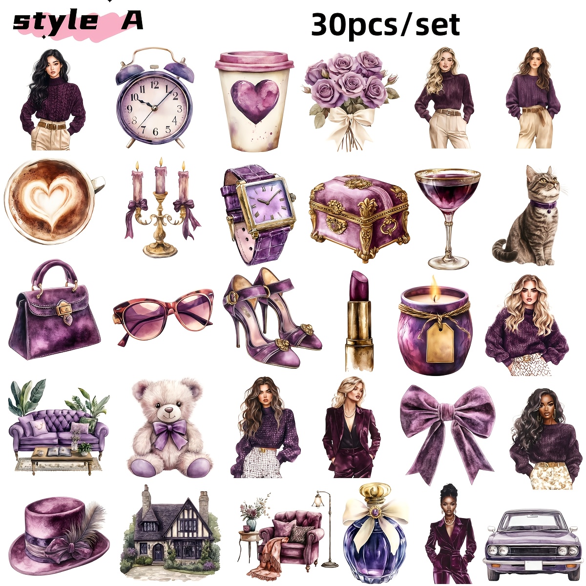 E-shop 2D Flach 30 Stück/Set Aquarell Lila Retro Luxus Grafik Lifestyle Mode Damen Serie Aufkleber