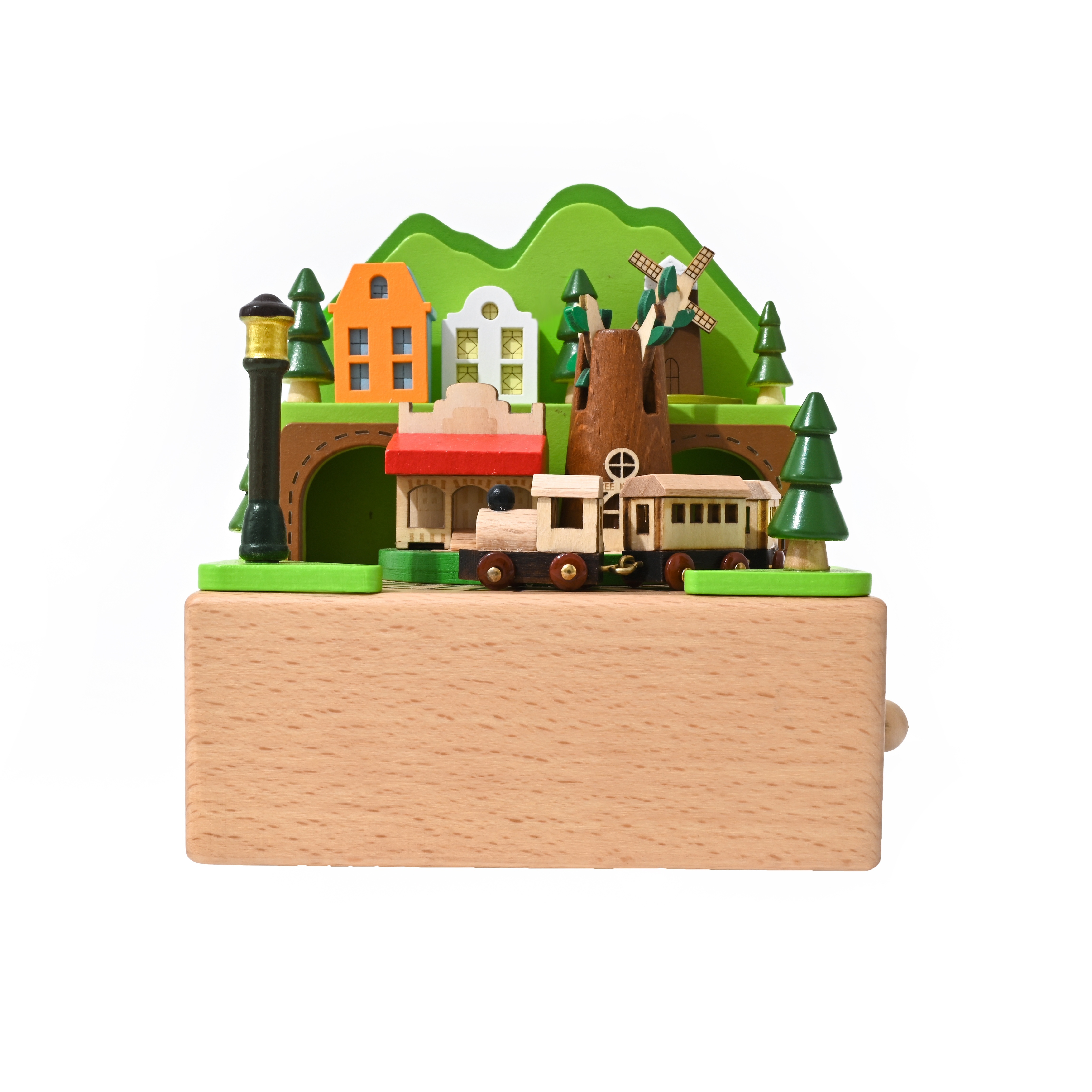 

Vintage Wooden Music Box - Train Scene With Colorful Houses, Trees & Train Track - Hand-cranked, No Batteries Needed - Home Decor & Relax, Relax Toy | Vintage Style | Natural Wood Toy