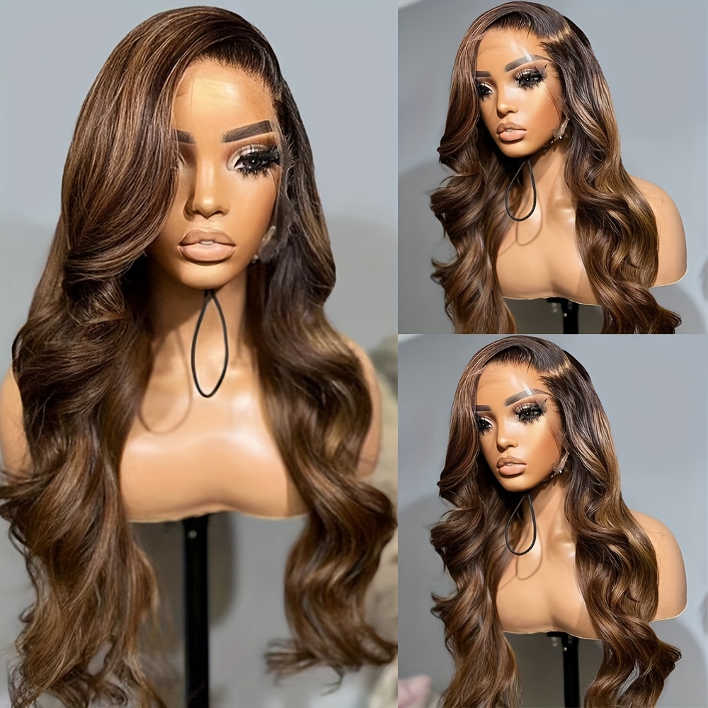 TEMU Ombre Brown Lace Front Wigs For Women 13*4 Inch Synthetic Heat Resistant Fiber Highlight Body Wave Wigs With Baby Hair Replacement Wig Preplucked Hairline Glueless Lace Front Wig For Daily Party Use