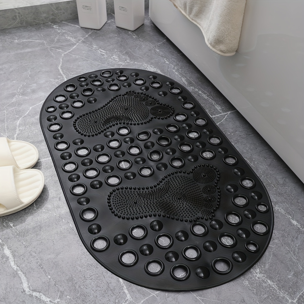 Image of High-quality Non-slip Bathroom Mat With Drain Holes & Suction Cups - Machine Washable, Soft Pvc Oval Shower Stall Carpet For