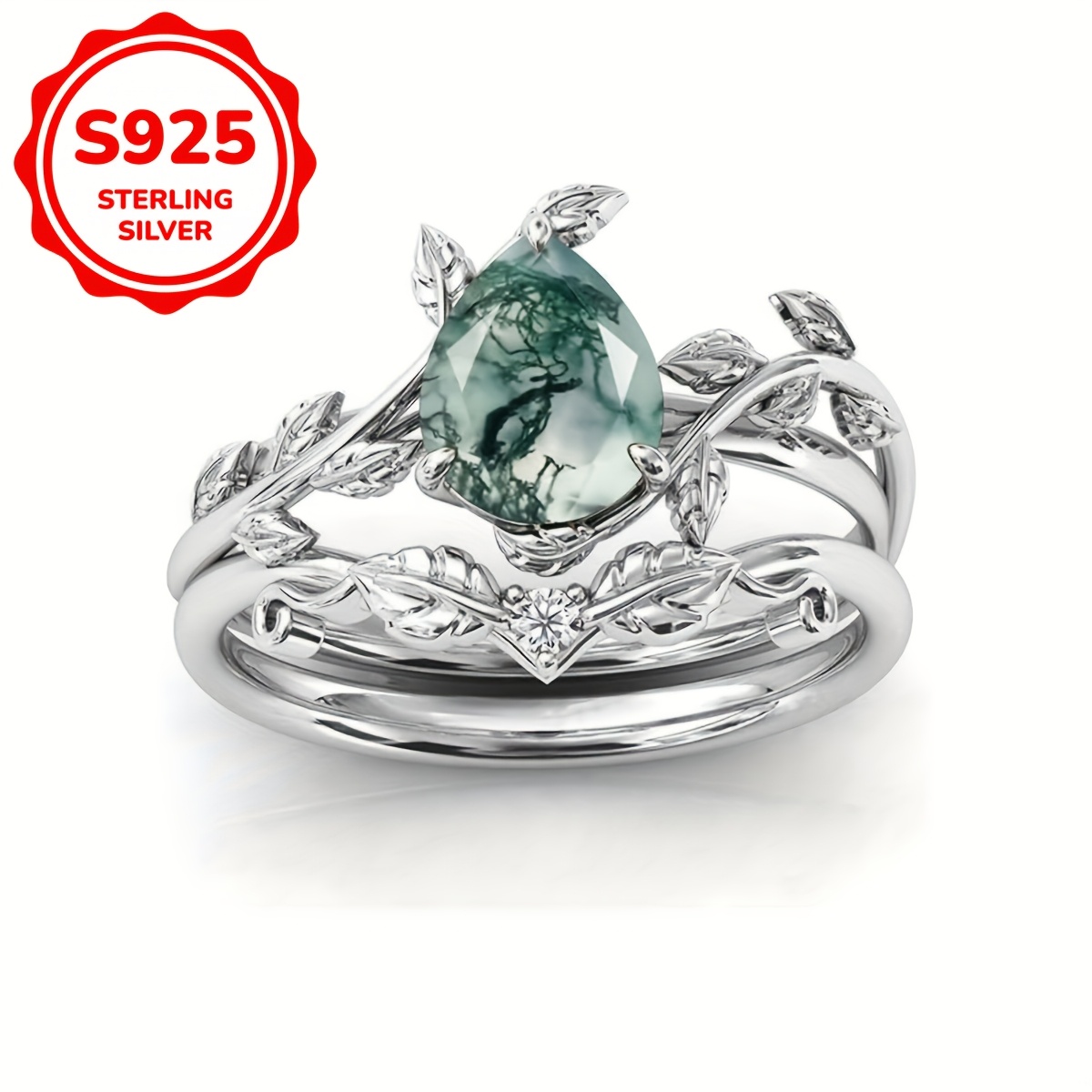 

Elegant 925 Sterling Silver Moss Agate Promise Ring Set, Natural Stone, Silver-plated, Women's Engagement Wedding Jewelry