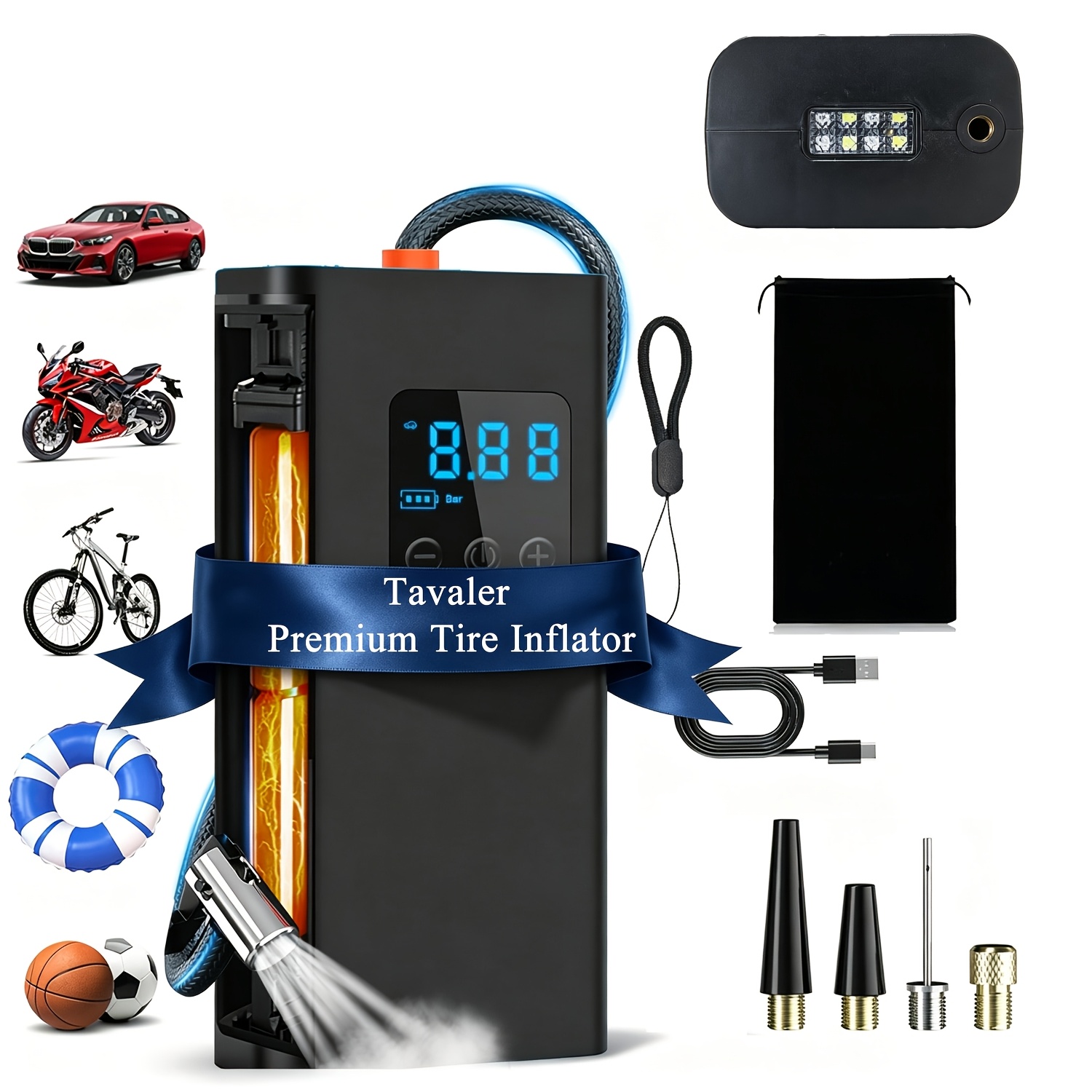 TEMU Tavaler Large Capacity Cordless Tire Inflator, Portable Air Compressor With Lcd Display Auto Shut Off, 4 Led Emergency Light For Car Motorcycle