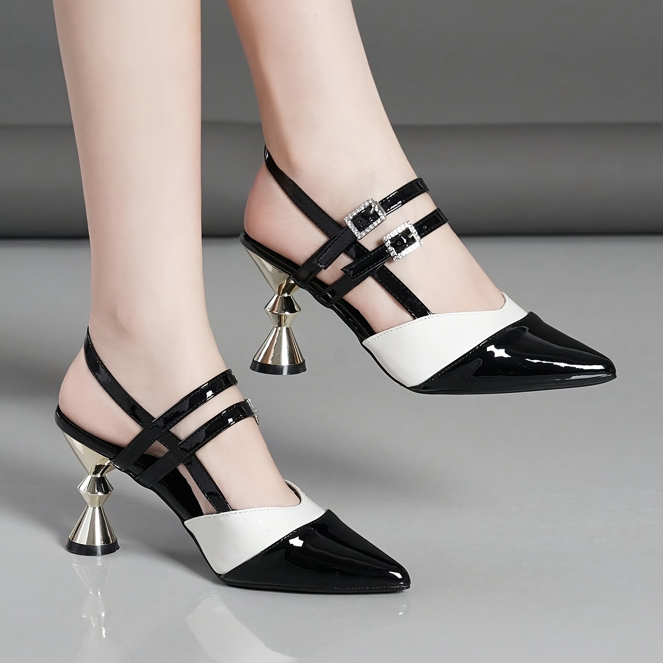 womens black white block heel pumps pointed toe synthetic Temu