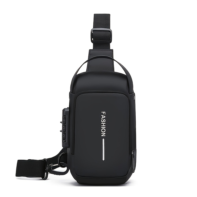 TEMU Men's Multi-functional Password Lock Chest Bag, Fashion Motorcycle Crossbody Sling Bag With Phone Pocket, Zipper Closure, Casual Sports Shoulder