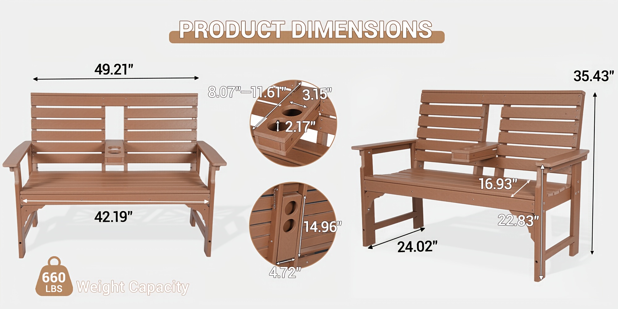 Patio Bench Designed for Two, Featuring Cup Holders And Made from HDPE, Ideal for Gardens And Porches, with Resistance to Fading And Rotting