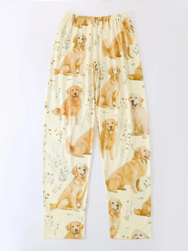 crew neck three piece apricot floral golden retriever puppy animal print adult pajama set short sleeve top and loose elastic shorts and pants casual womens pajama and loungewear set all year round Product details 2