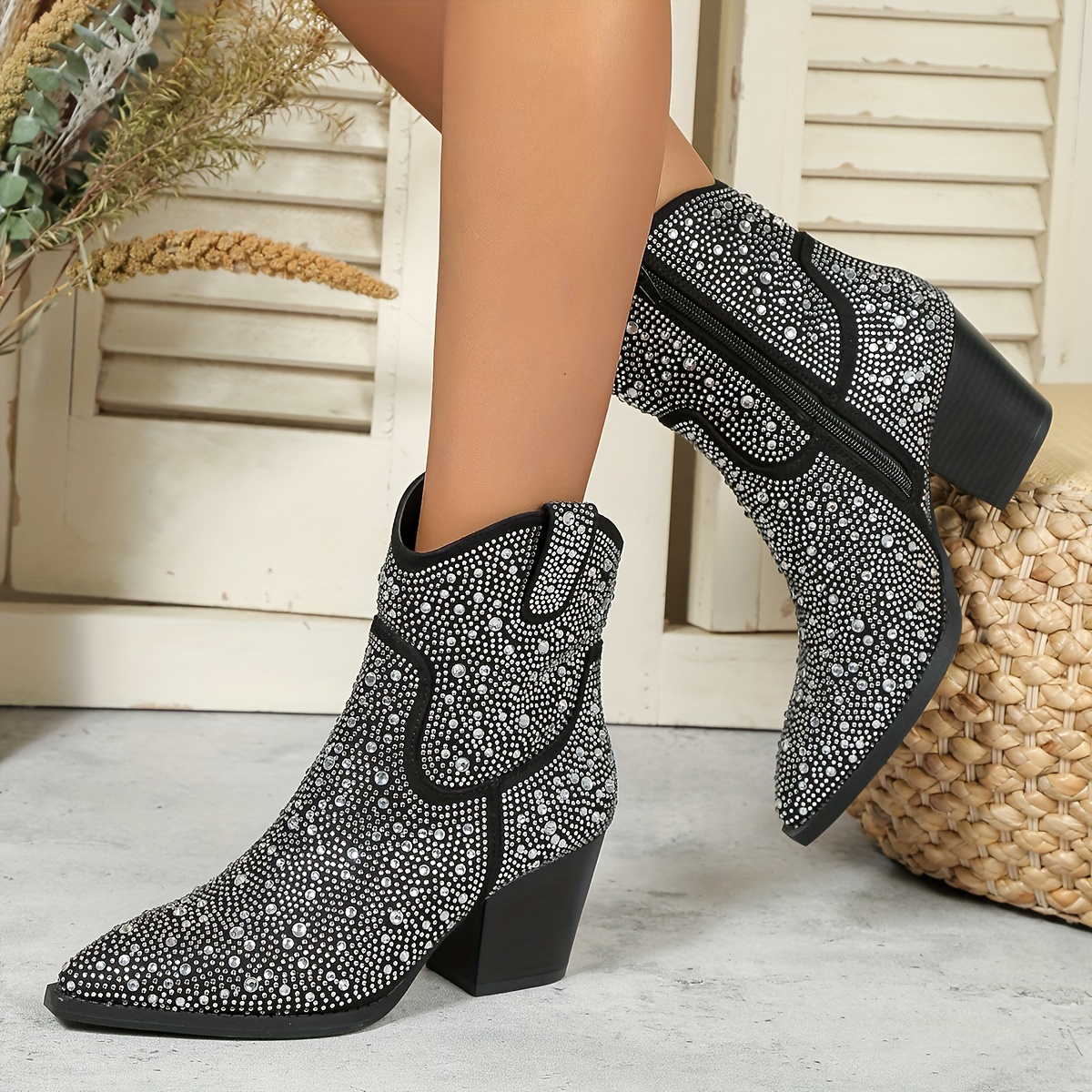 Damen Stiefeletten mit Strass, Blockabsatz Zehenbereich, kurze Stiefel,  stylische Stiefeletten mit seitlichem Reißverschluss