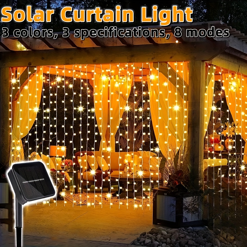 

Solar-powered Curtain Lights - 100/200/300 Led, 8 Modes For Outdoor, Garden, Patio, Festival & Wedding Decor (white/warm White/colorful)