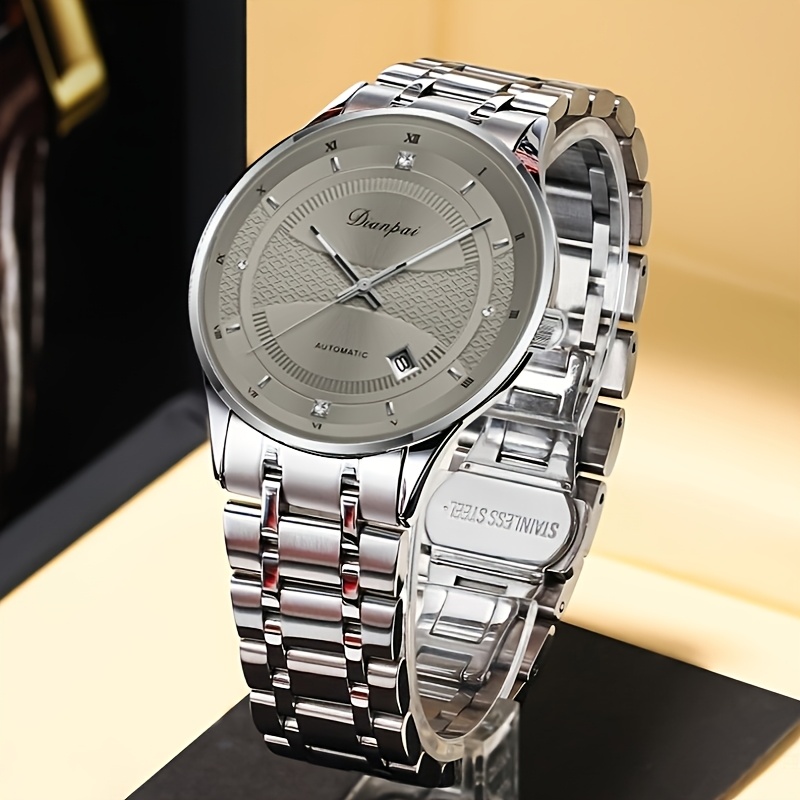 Men's Elegant Automatic Watch, Grey Dial With Crystal Markers, Stainless , Formal Dress Watch For Gentlemen, Without Battery
