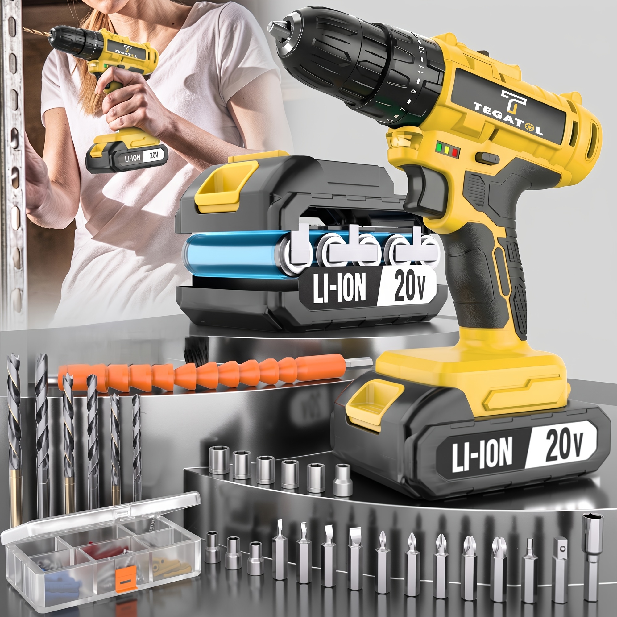 Temu – TEMU Heavy Duty 20v Cordless Drill Drills Through Wood Metal Concrete, Power Tool Set, Ergonomic Handle Rechargeable Lithium Drill Household Repair