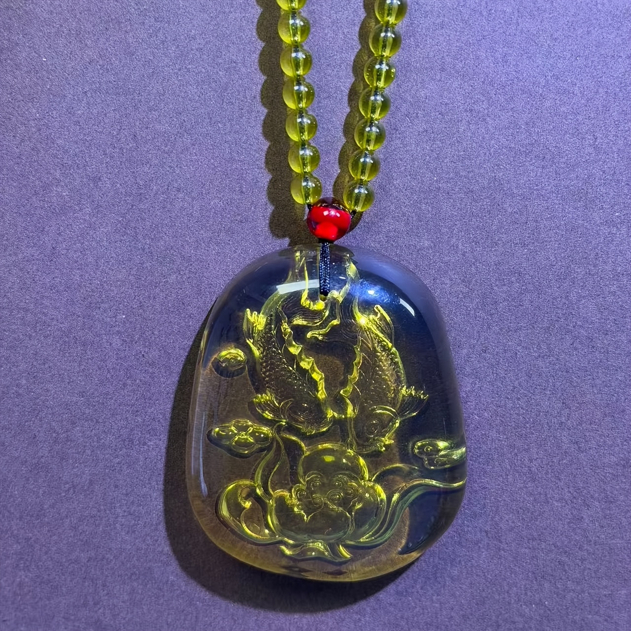 Amber Pendant Necklace with Pisces Engraving
