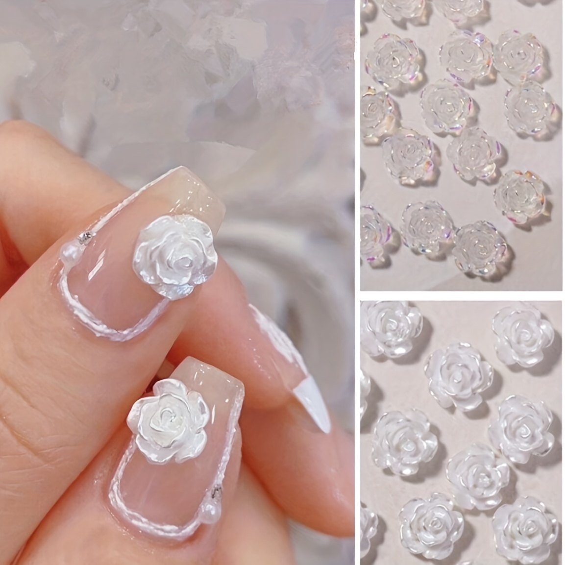 

100-piece Camellia Resin Nail Art Decorations Kit, Iridescent Aurora White 3d Rose Flowers, -free Nail Accessories