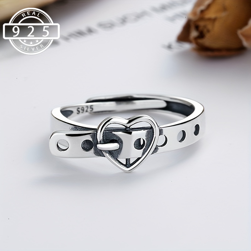 

S925 Sterling Silver Ring Retro Heart Belt Design Suitable For Men And Women Daily Outfits Party Decor High Quality Adjustable Ring2.5g/0.088oz