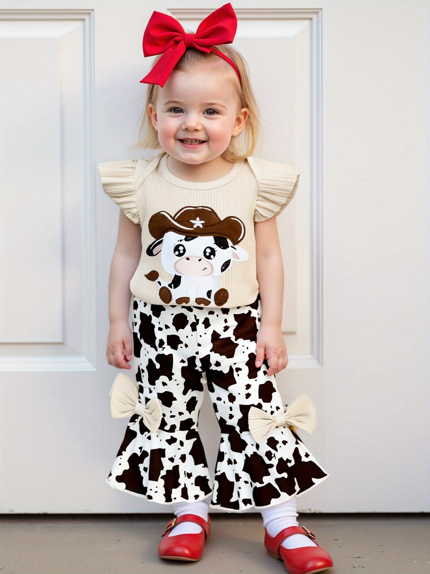 Western Baby Mädchen Outfit – Kuhdruck Strampler ärmellos Mit Rüschen & Stirnband