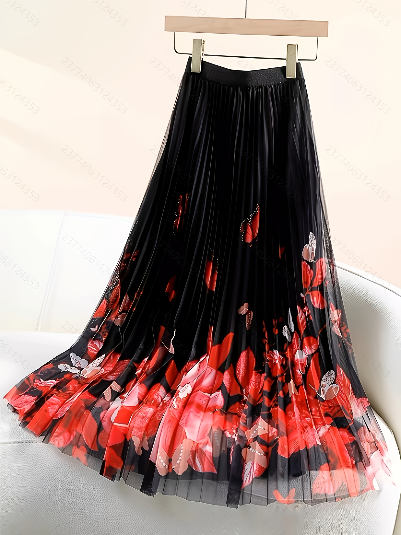 elegant printed mesh skirt summer pleated midi skirt high - Temu United  Kingdom