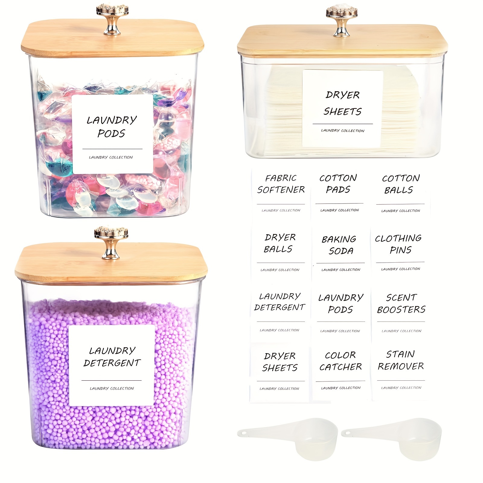 3-pack Laundry Room Organization Storage Containers, Plastic Clear Laundry Pods Container & Dryer Sheet Holder Jars With Lids, Scoops & Labels For Detergent, Powder, Dryer Balls, Beads